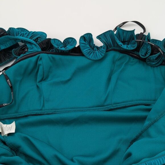 XOXO Y2K Teal Ruffle Rose Bodycon One Shoulder Mini Dress Size Small - Picture 7 of 9